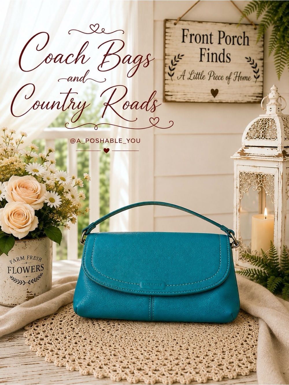 Coach New York Teal Pebbled Leather Flap Shoulder Bag Purse